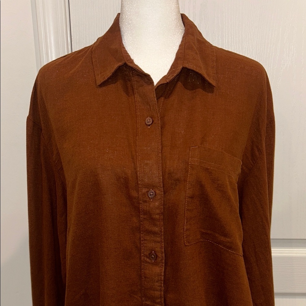 Old Navy The Cropped Shirt Linen-Blend Chocolate Brown Color, Size M - Picture 7 of 14